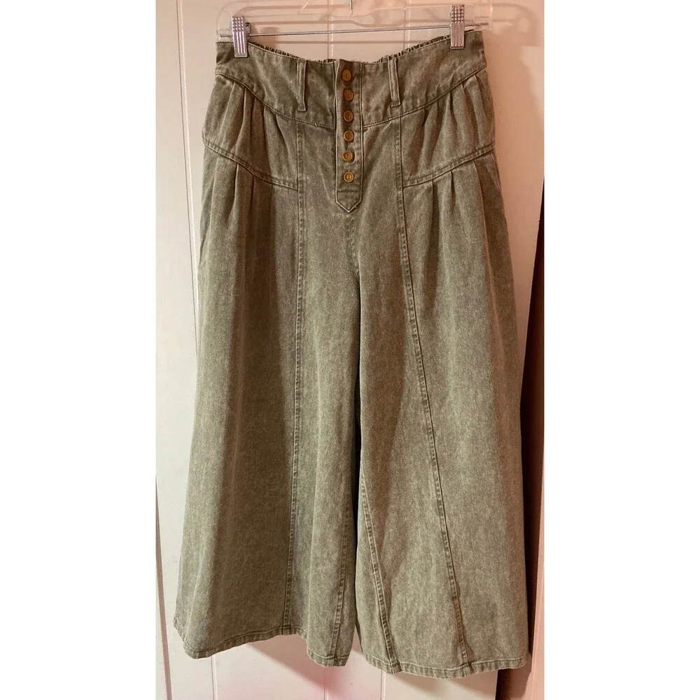 Fantastic Fawn jeans wide leg pants OLIVE green denim pockets pleated dress pant